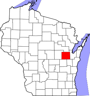 Map of the state of Wisconsin showing Outagamie County in red. Source: Wikimedia Commons, accessed March 2023.