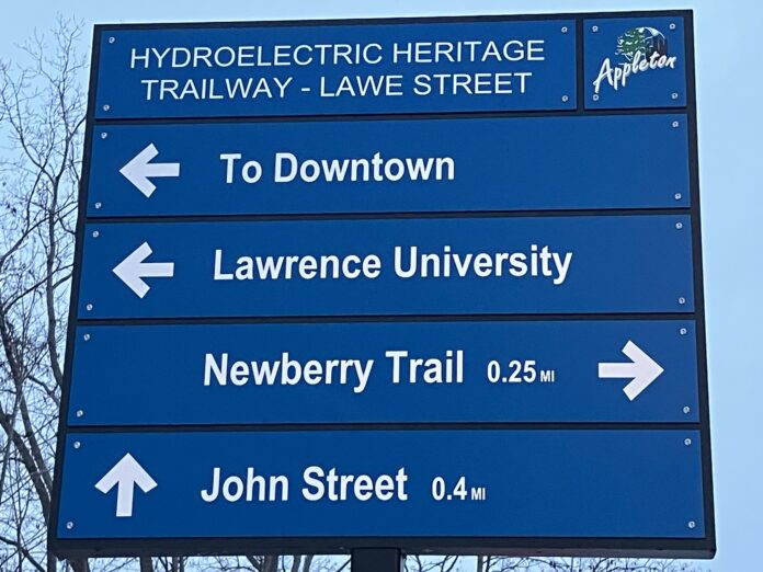 A sign along Appleton, Wisconsin's Hydroelectric Heritage Trailway.