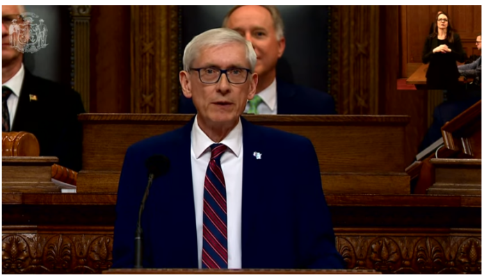 Wisconsin Governor Tony Evers delivers his 2023-2025 budget address in February 2023.