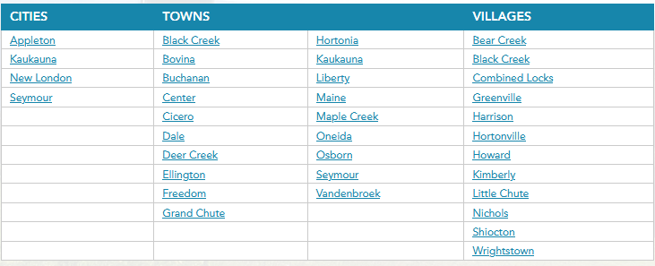 Cities, towns, and villages in Outagamie County, Wisconsin. Source: Outagamie County government website, accessed March 2023.