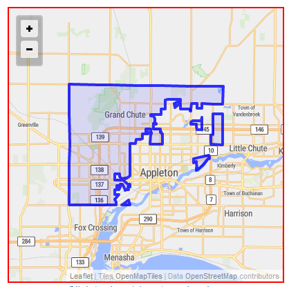 Map showing the Town of Grand Chute, Wisconsin.