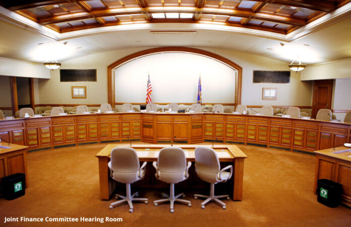 The hearing room of the Joint Finance Committee of the Wisconsin State Legislature.