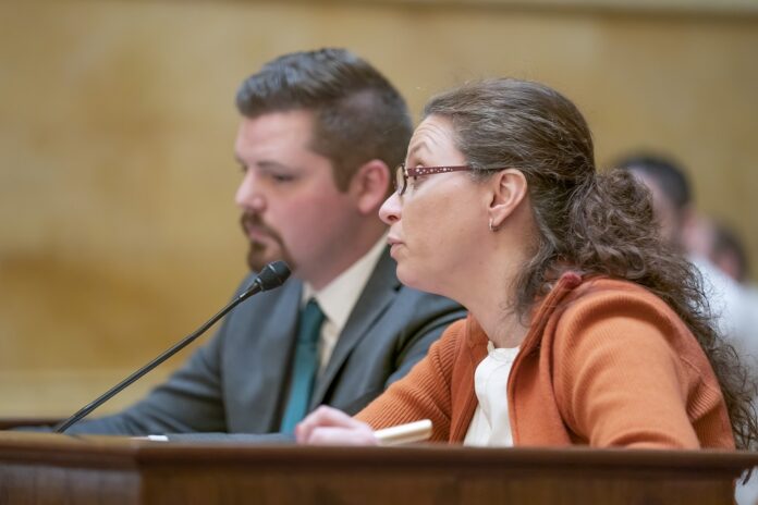 Senator Rachael Cabral-Guevara with Representative Nate Gustafson testifying on behalf of the bill to include estimated interest rates with a referendum question