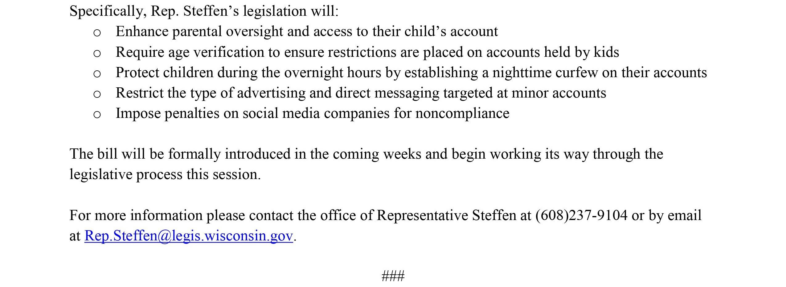 Rep. David Steffen announced a plan to introduce legislation to protect children from the harmful effects of social media. 