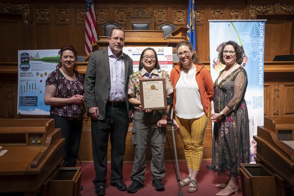 Senator Cabral-Guevara with Senator Agard presenting a citation to a Scout during the 2023 Boy Scouts Report to the State