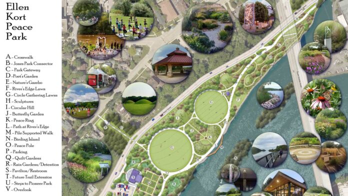 The designers intend Ellen Kort Peace Park to honor her legacy as an interactive, peaceful experience.