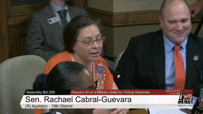 Sen. Rachael Cabral-Guevara testifying in support of Assembly Bill 299 with co-authors Rep. Sortwell (R-Two Rivers) and Rep. Sylvia Ortiz-Velez (D-Milwaukee).