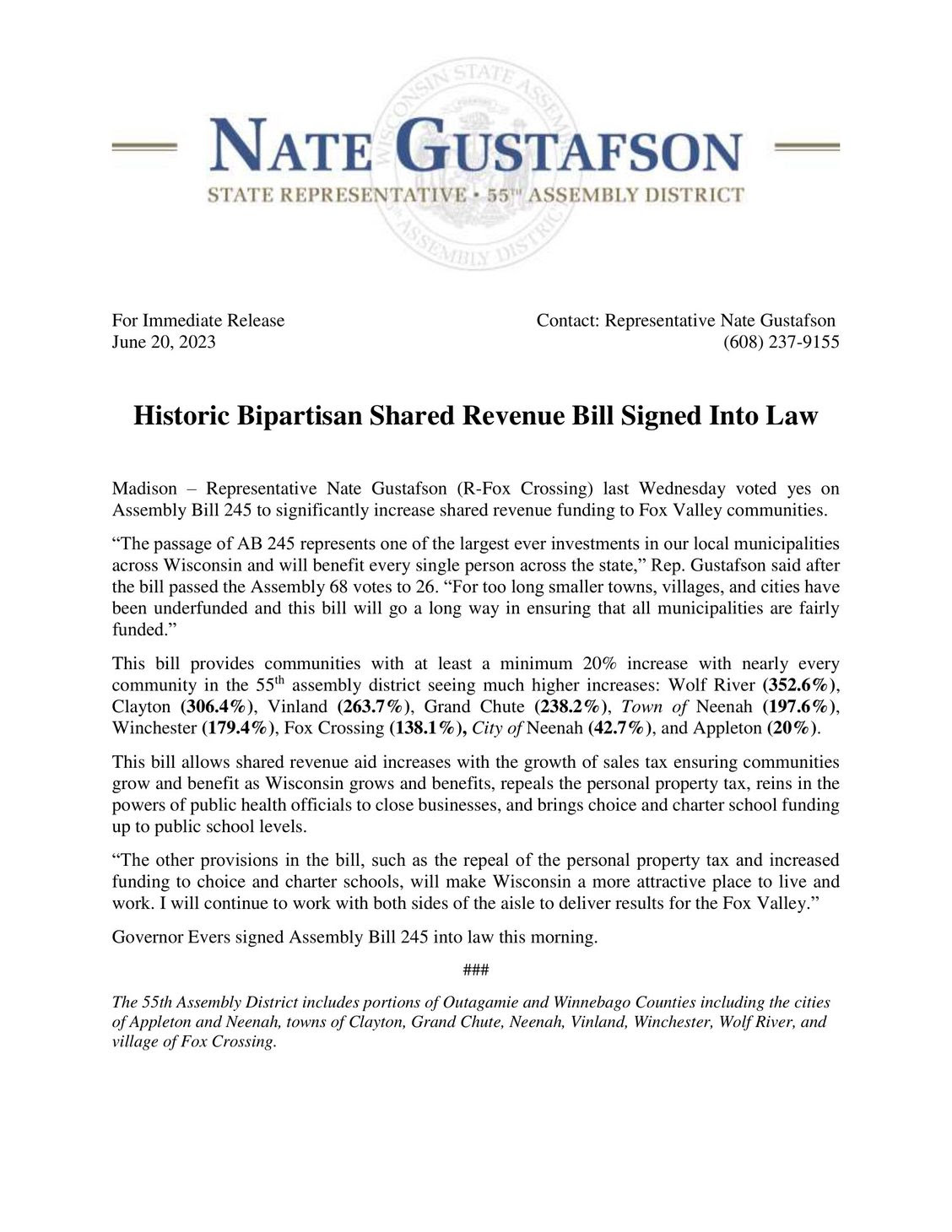 State Rep. Nate Gustafson issued a news release on passage of the shared revenue measure.