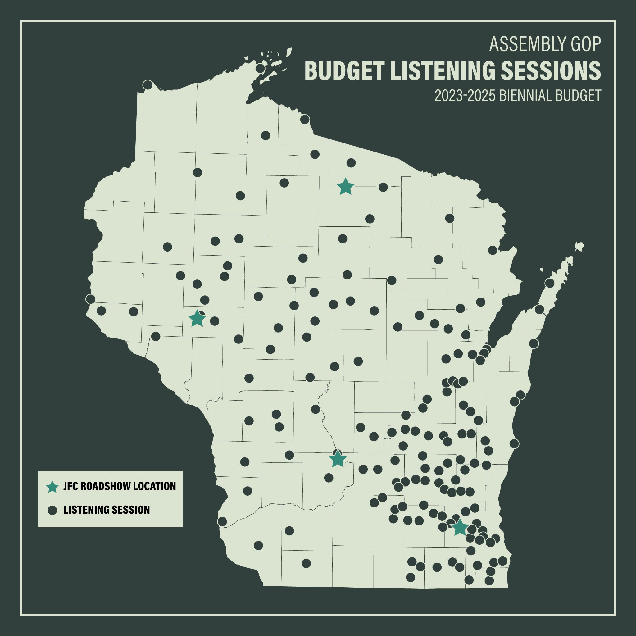 Wisconsin map showing the budget listening sessions hosted by Republicans during the 2023 legislative session.