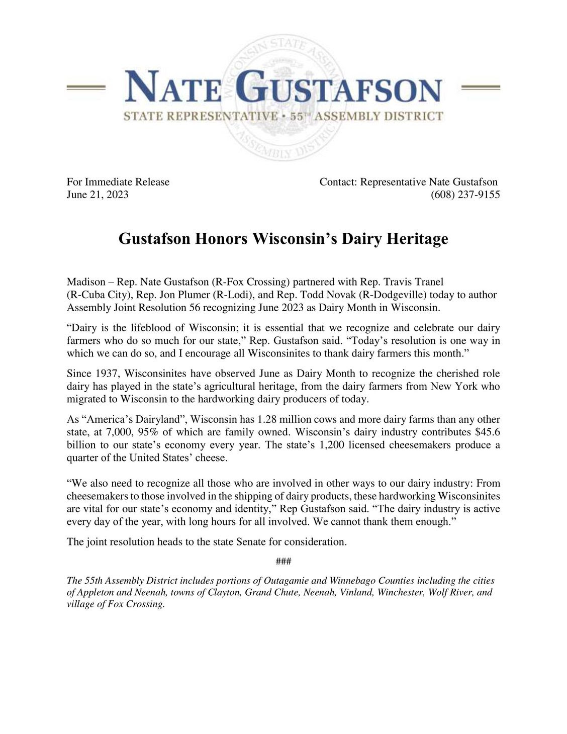 State Rep. Nate Gustafson and colleagues honored Wisconsin's dairy heritage.