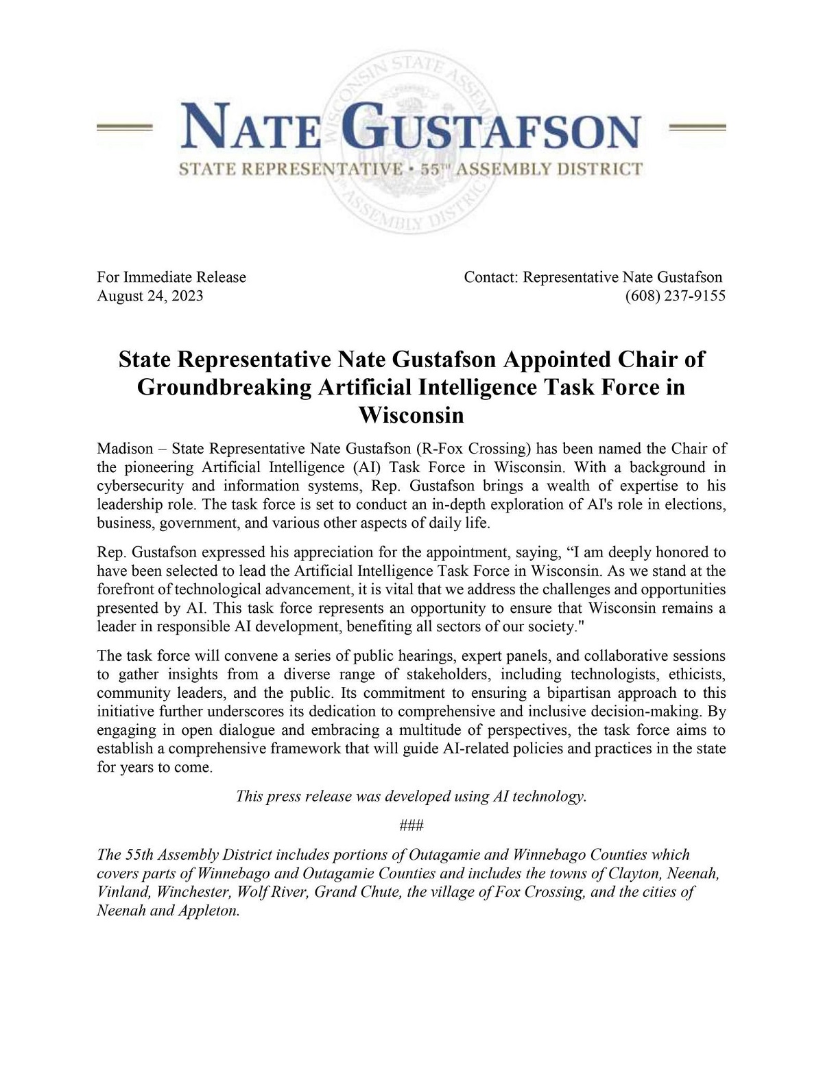 State Rep. Nate Gustafson has been appointed as Chairman of the (bipartisan) Speaker's Taskforce on Artificial Intelligence.