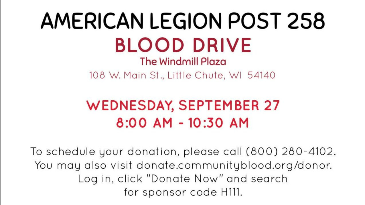 American Legion Post 258 is hosting a blood drive on Wednesday, September 27.