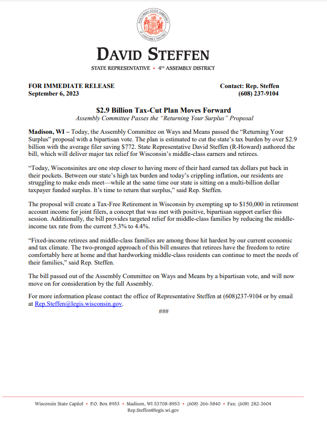 Wisconsin State Rep. David Steffen issued a press release concerning the $2.9 million tax cut.