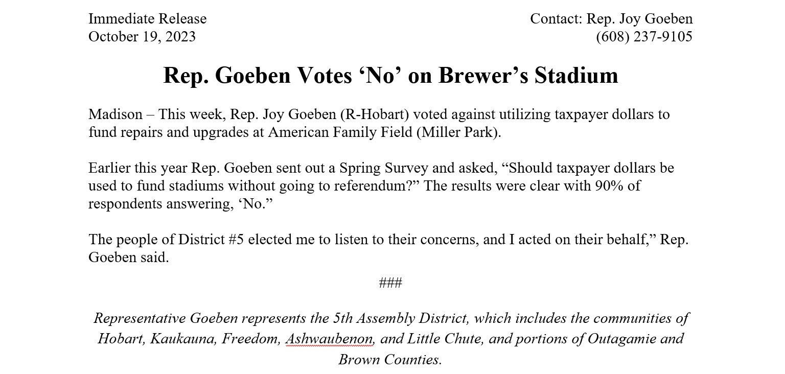 Wisconsin State Rep. Joy Goeben votee 'No' on the Brewers' stadium bill.