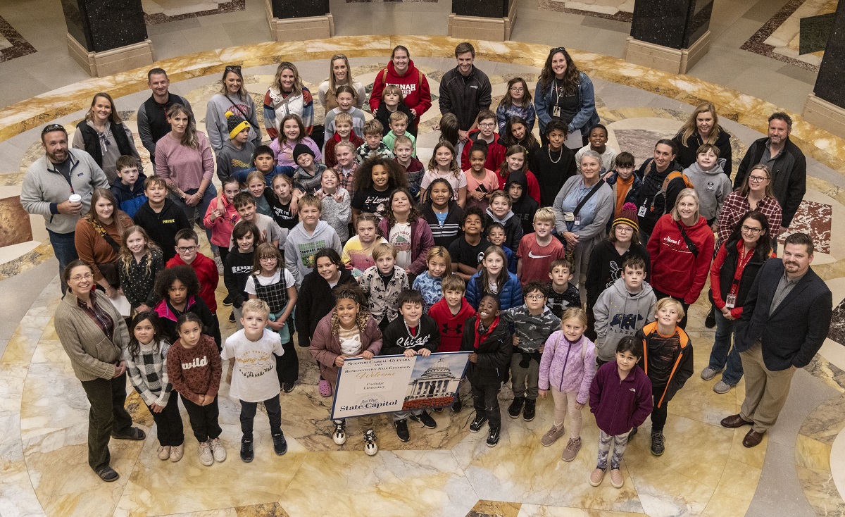 Wisconsin State Sen. Rachael Cabral-Guevara and Rep. Nate Gustafson (R-Neenah) with the fourth grade class from Coolidge Elementary!