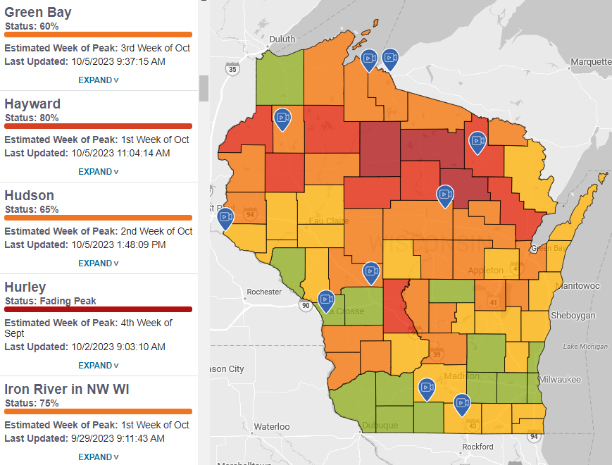 Every year Travel Wisconsin publishes a "Fall Color Report," which is an interactive map that lets you find the best fall colors in the state and your area.