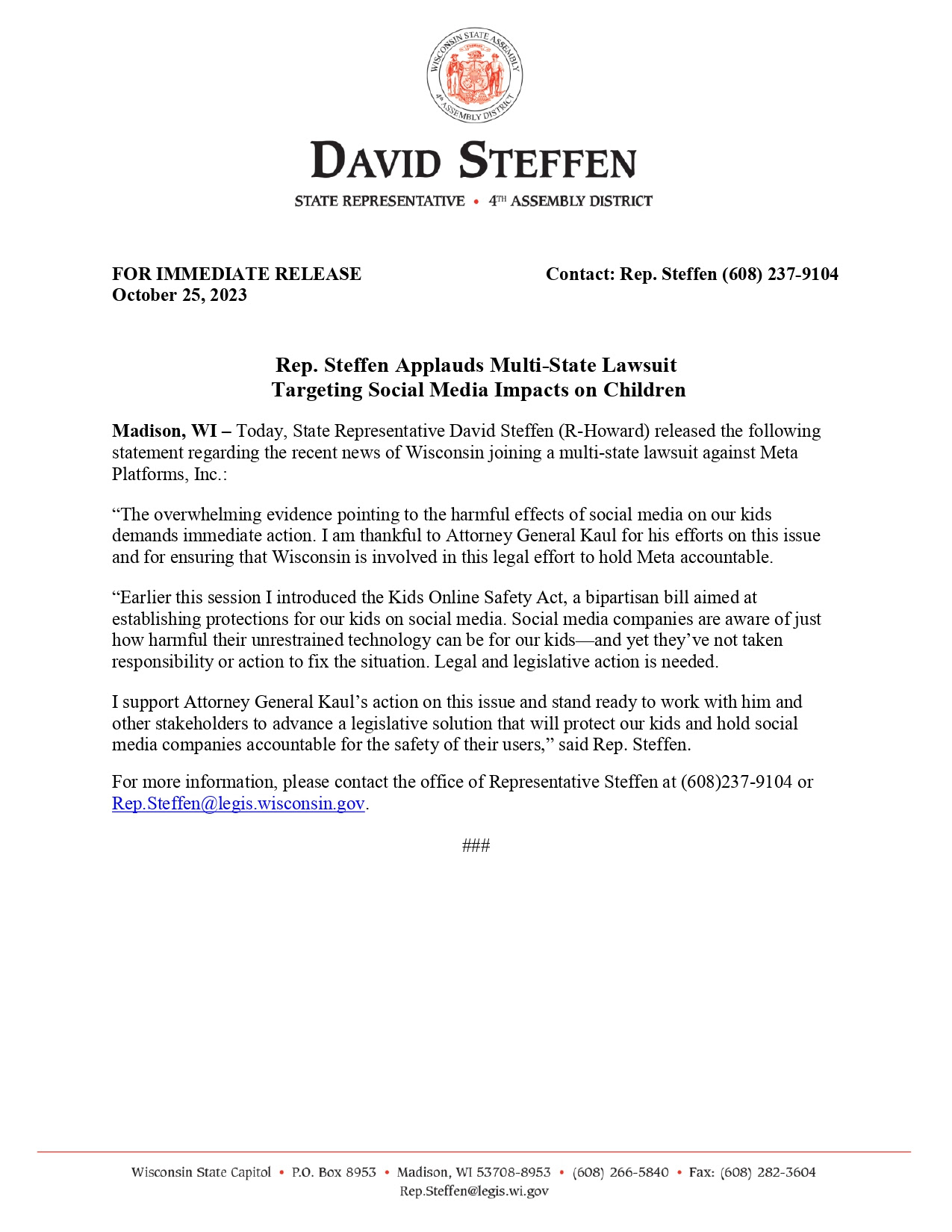 Wisconsin State Rep. David Steffen issued a press release concerning a multi-state lawsuit against Meta.