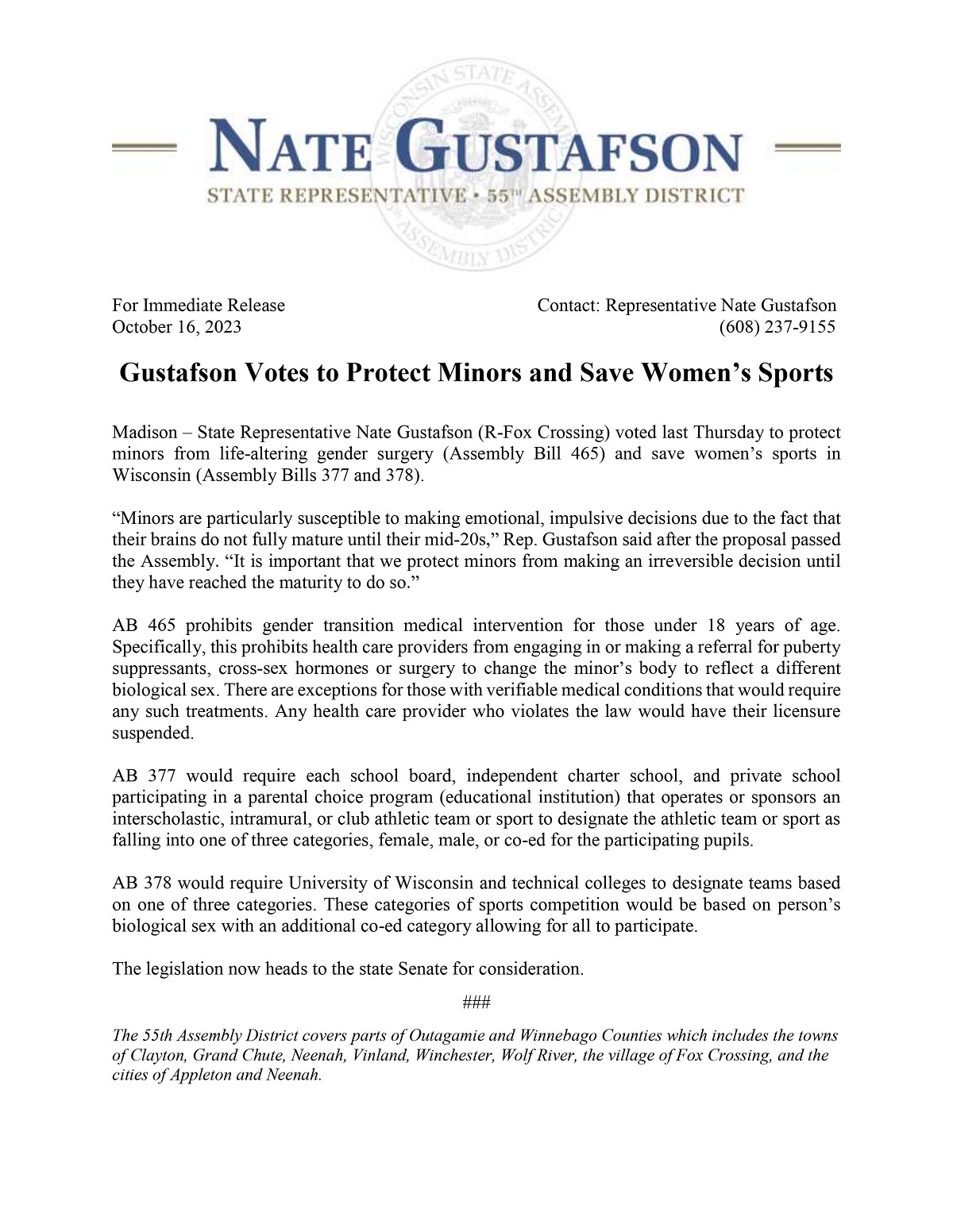 Wisconsin State Rep. Nate Gustafson votes to protect minors and save women's sports.