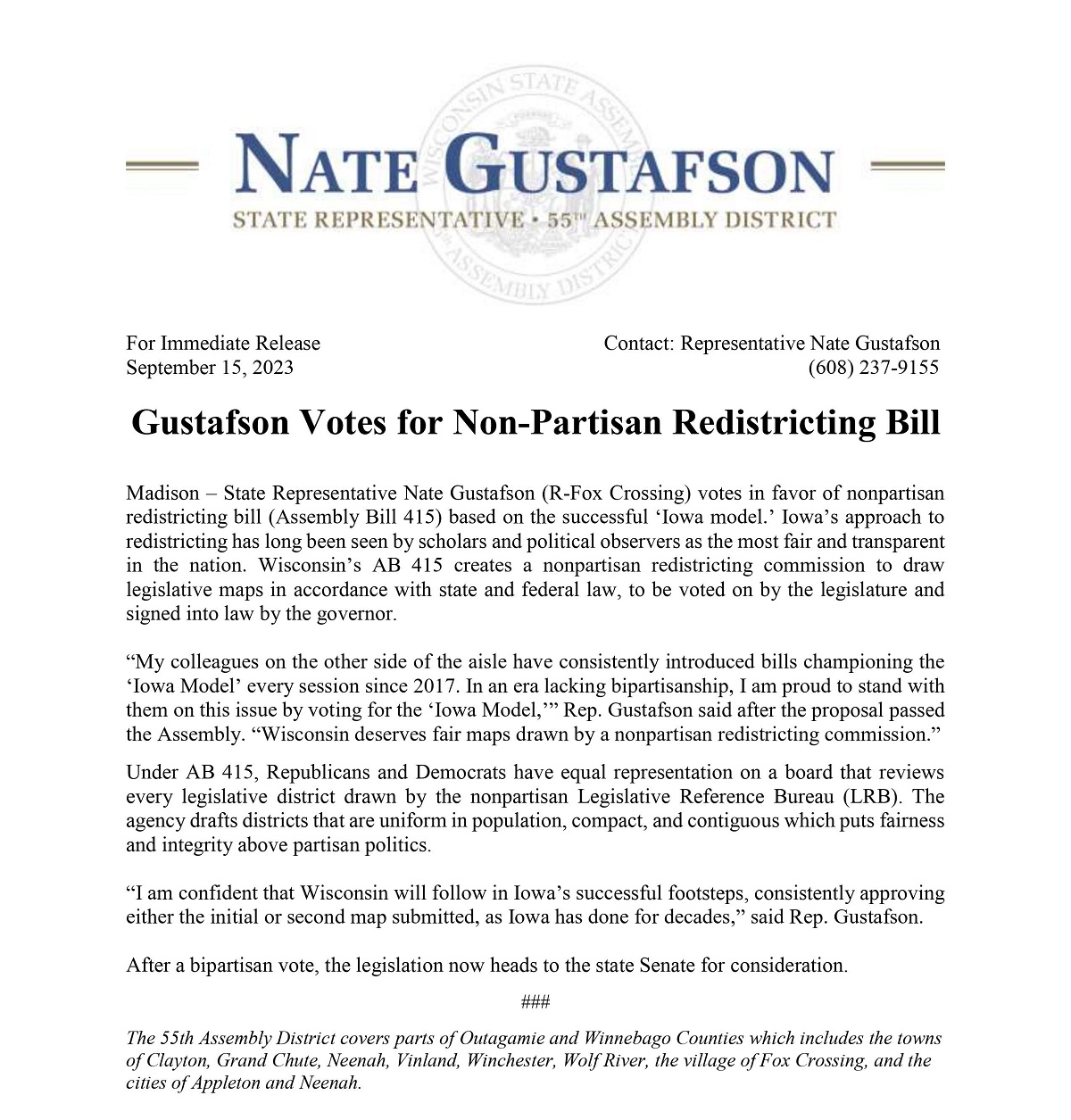 The Wisconsin General Assembly passed the Iowa Model for Non-Partisan Redistricting.