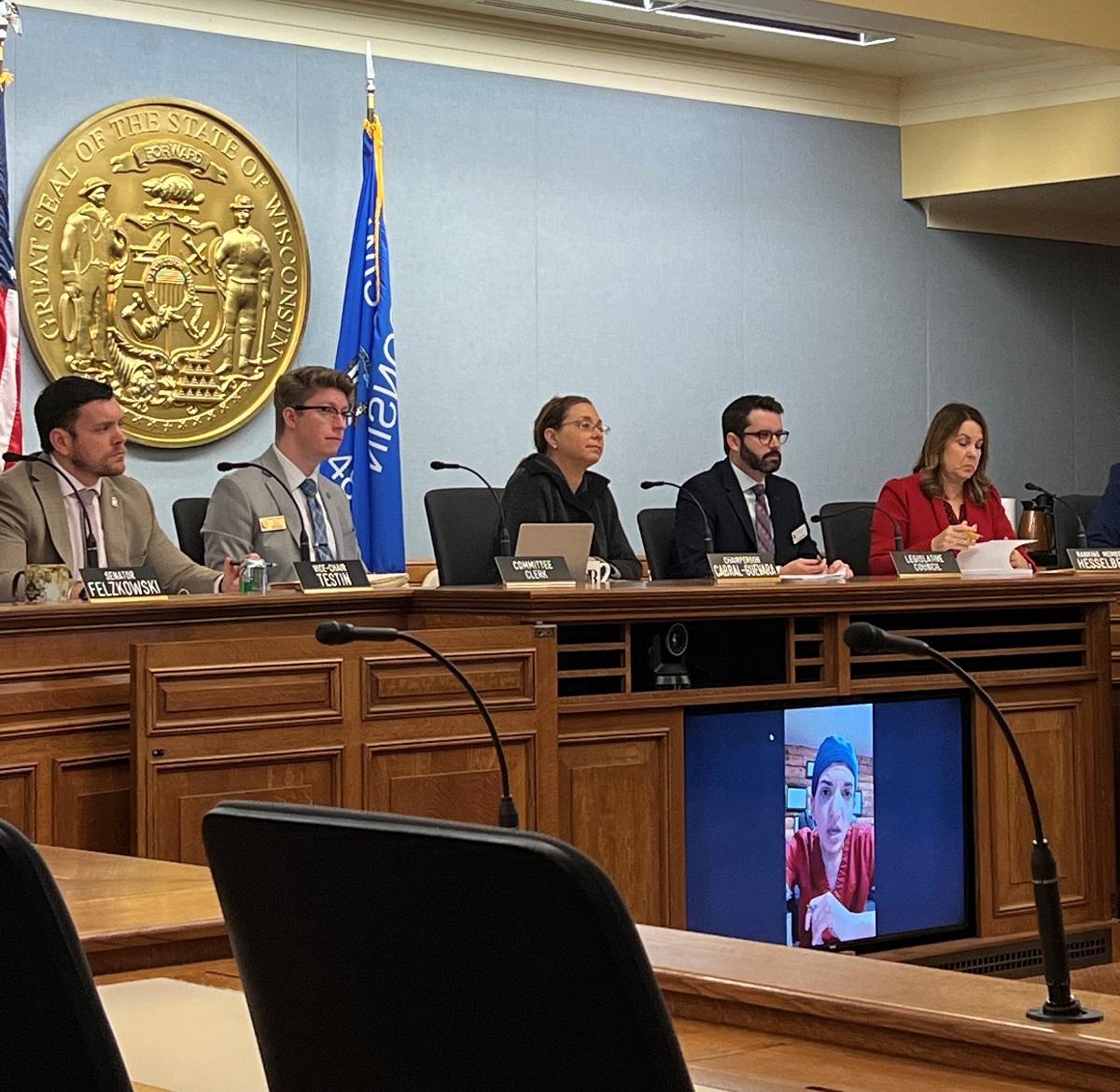 Wisconsin Sen. Rachael Cabral-Guevara with members of the Senate Committee on Health during a recent public hearing.