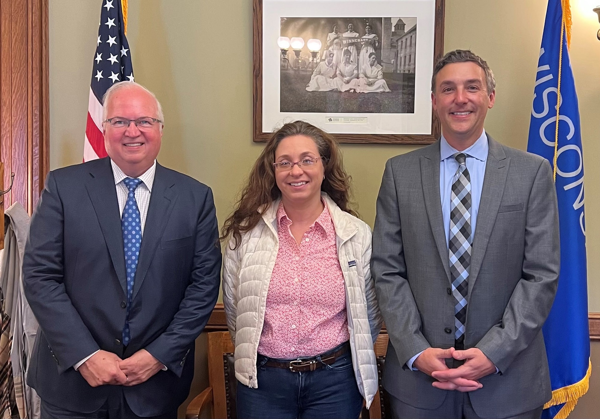 Wisconsin State Sen. Rachael Cabral-Guevara with Rob & Craig from the Timber Rattlers