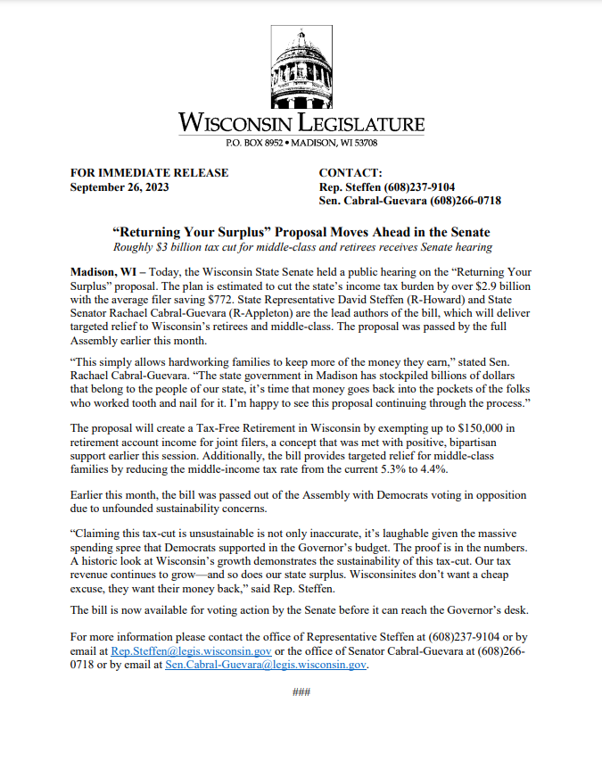 State Rep. David Steffen authored a bill to provide a $2.9 billion income tax reduction for Wisconsin taxpayers.