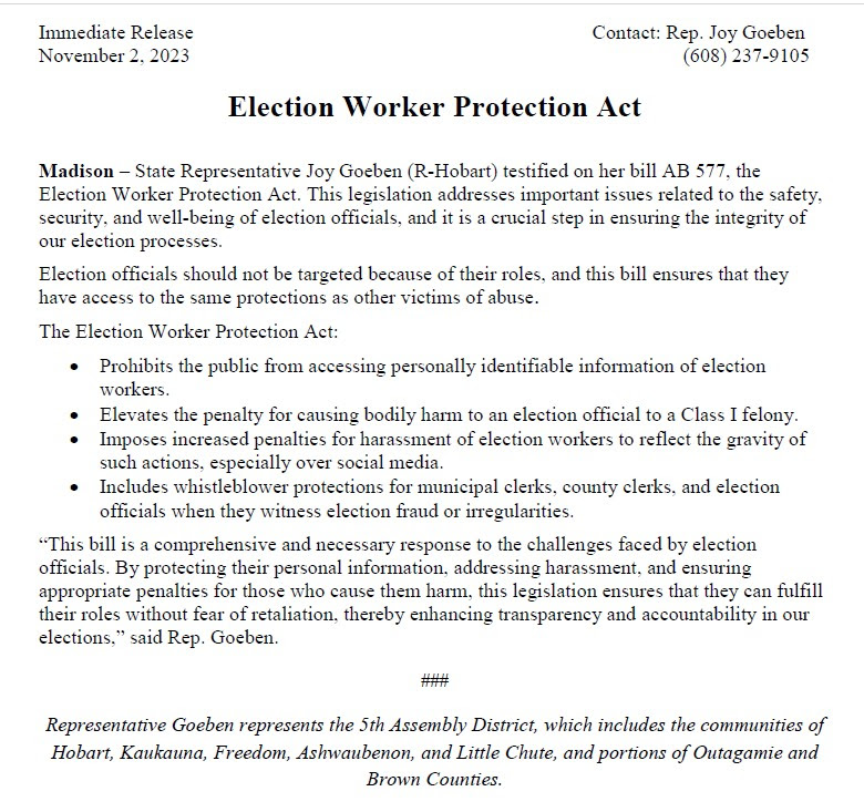 Wisconsin State Rep. Joy Goeben issued a press release after passage of her election worker protection bill.