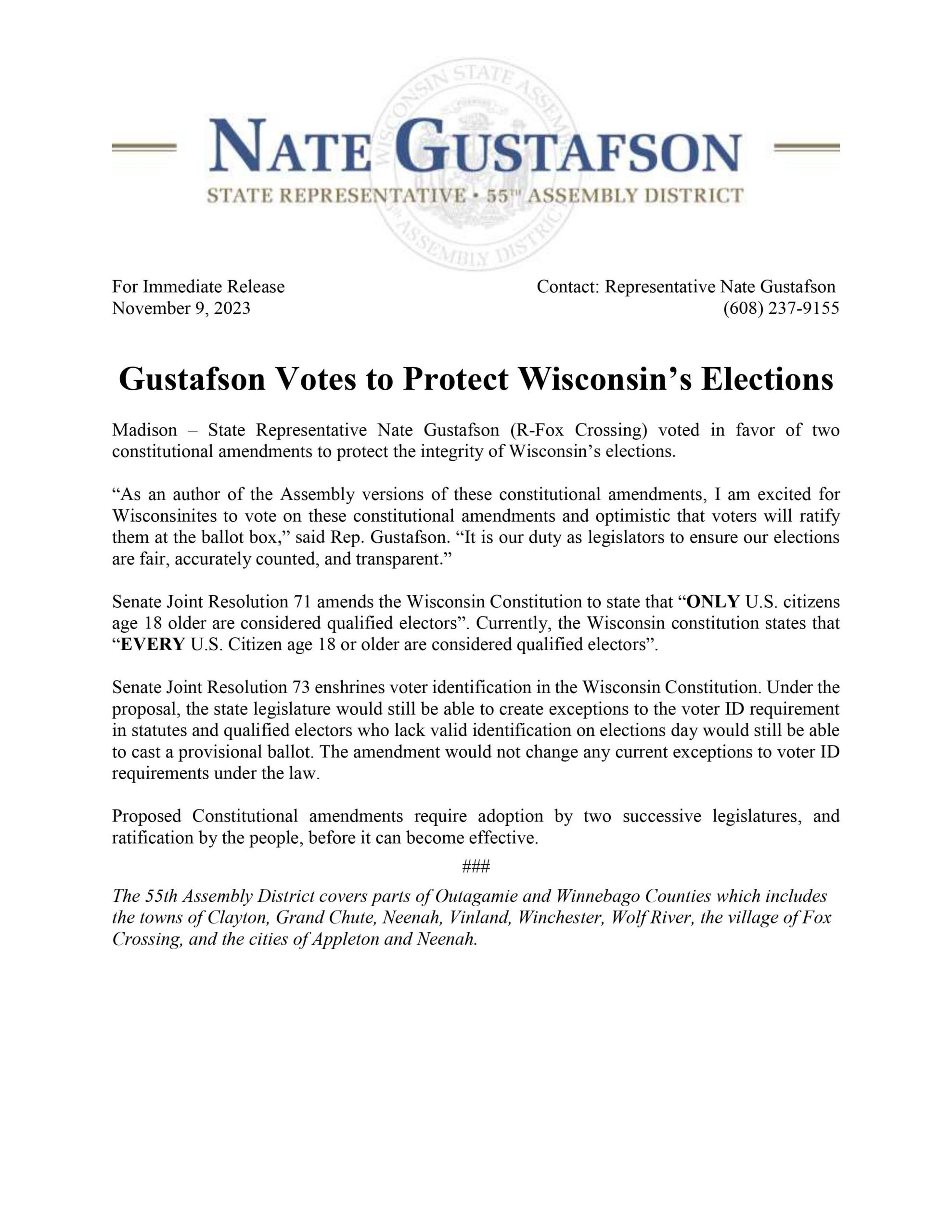 Wisconsin State Rep. Nate Gustafson issued a press release on his vote to protect Wisconsin elections.