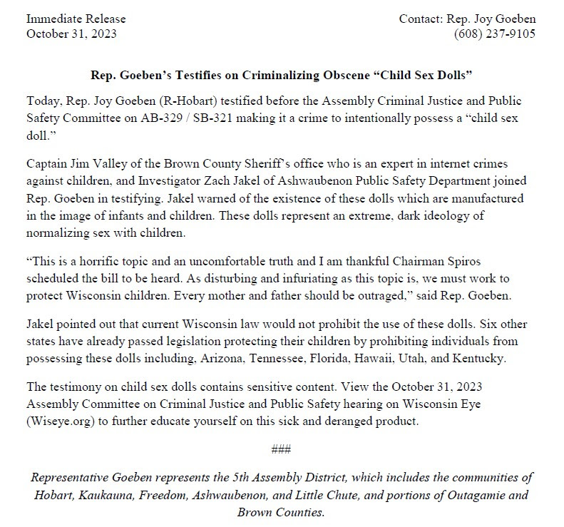 Wisconsin State Rep. Joy Goeben issued a press release about her testimony regarding on criminalizing obscene 'child sex dolls.'