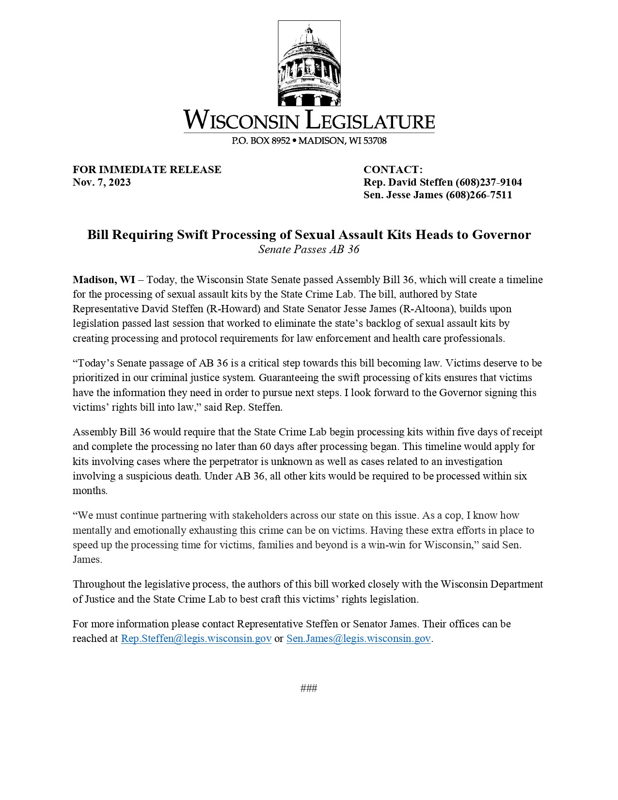 AB 36, victim's rights legislation, is now on Wisconsin Governor Tony Ever's desk awaiting his signature.