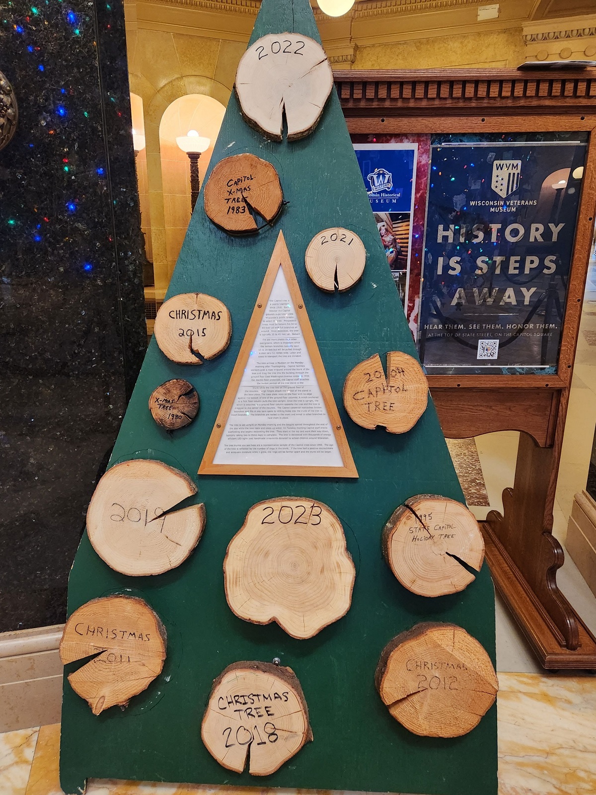 Slices from past Wisconsin Capitol Christmas trees dating back to 1980. Each ring on a sample represents a year in that tree's life. 