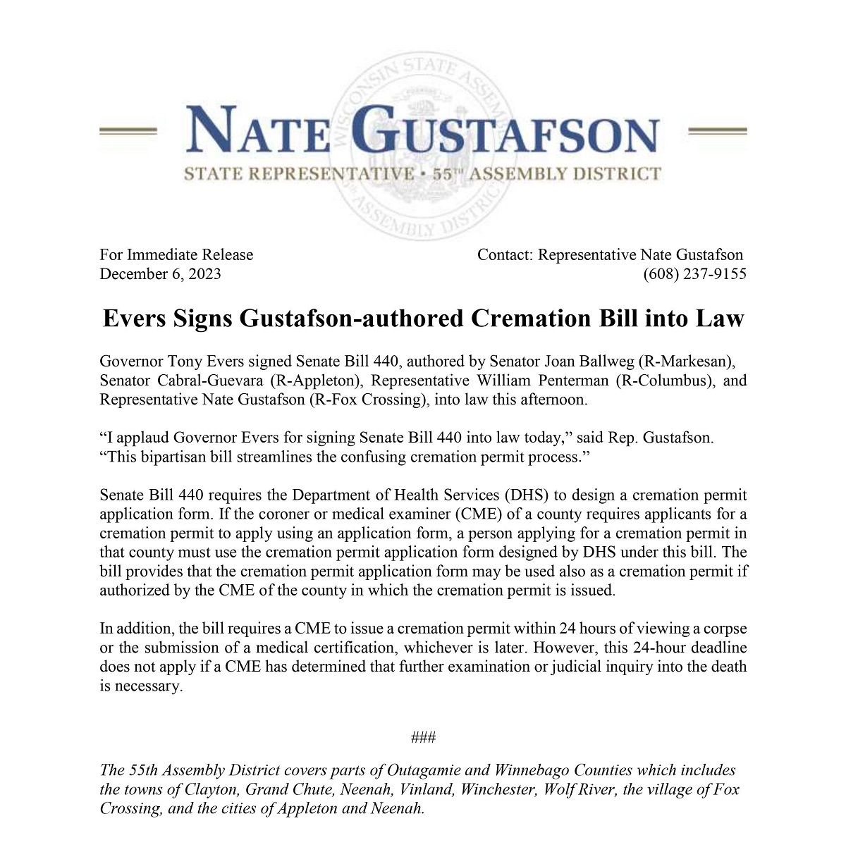 Wisconsin State Rep. Nate Gustafson issued a press release about Gov. Tony Evers' signing the cremation bill.