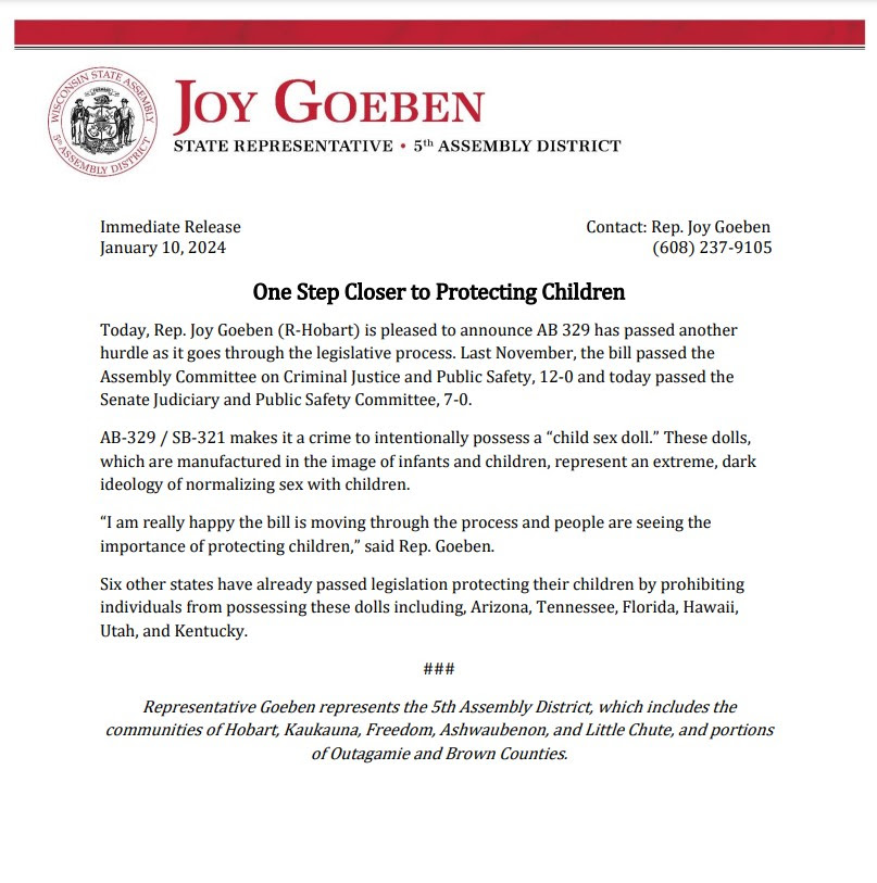 Wisconsin State Rep. Joy Goeben issued a press release concerning the Speaker's Task Force on Human Trafficking.