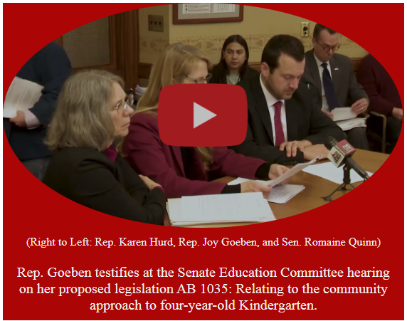 Wisconsin State Rep. Joy Goeben testifies on AB 1035, her bill to improve the community approach to 4K and child care.