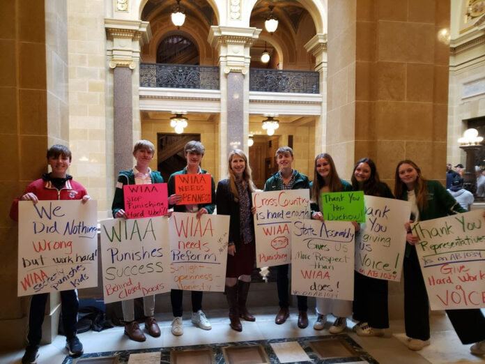 Students from Notre Dame Academy in Green Bay came to the capitol to support AB 1034, which prohibits public school districts from being members of the interscholastic athletic association unless the association subjects itself to public meeting laws and open meeting laws to promote transparency.