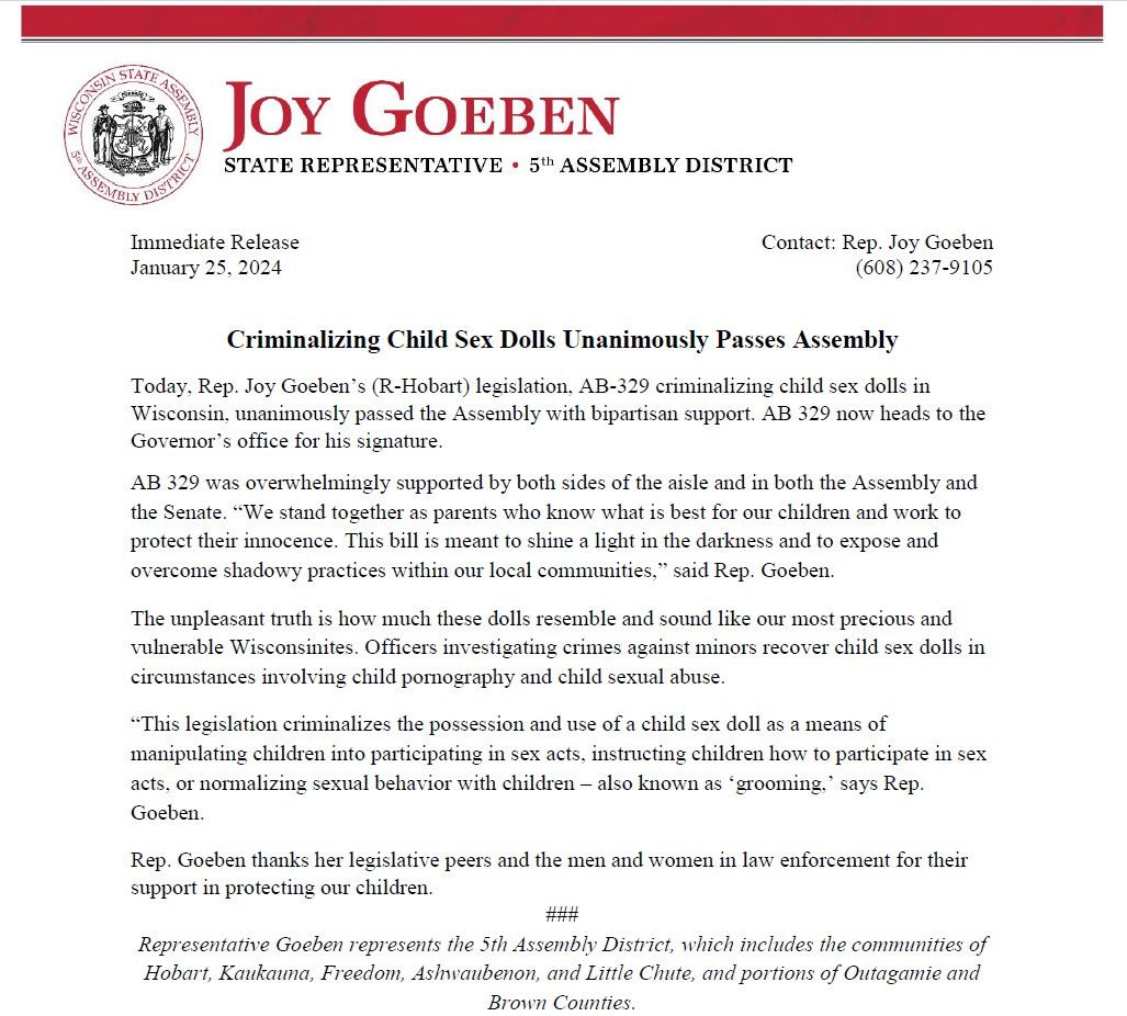 Wisconsin State Rep. Joy Goeben press release on passage of bill criminalizing sex dolls.