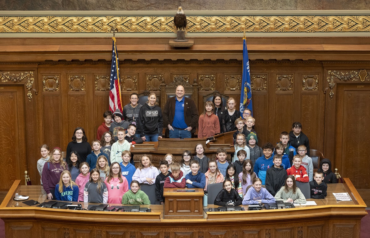 Wisconsin State Rep. Shae Sortwell met with school groups from Foxview Intermediate and chatted with them regarding his role in state government.