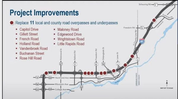 The I-41 project plans to begin construction in early 2024. The project will reconstruct and expand 23 miles of I-41 from four lanes to six lanes between WIS 96 (Wisconsin Avenue) in Appleton and County F (Scheuring Road) in De Pere.