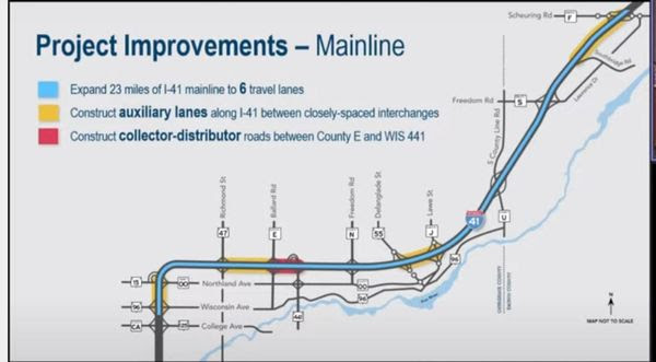 The I-41 project plans to begin construction in early 2024. The project will reconstruct and expand 23 miles of I-41 from four lanes to six lanes between WIS 96 (Wisconsin Avenue) in Appleton and County F (Scheuring Road) in De Pere.