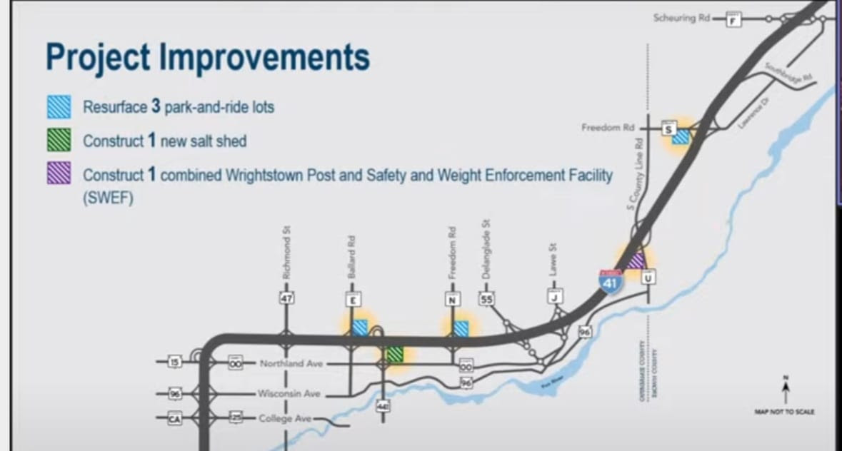 The I-41 project plans to begin construction in early 2024. The project will reconstruct and expand 23 miles of I-41 from four lanes to six lanes between WIS 96 (Wisconsin Avenue) in Appleton and County F (Scheuring Road) in De Pere.