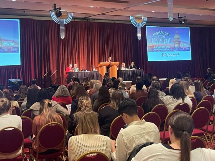 Senator Rachael Cabral-Guevara speaking with nurses during the 2024 Nurses Day at the Capitol event.