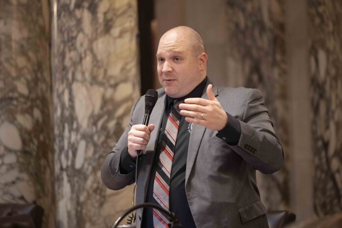 Wisconsin State Rep. Shae Sortwell addresses the Assembly on February 13, 2024.