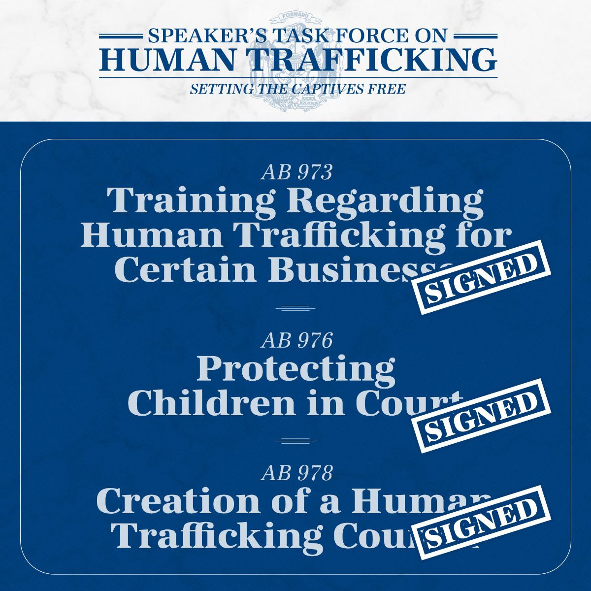 Continuing the efforts to protect Wisconsinites, Governor Evers signed three bills into law generated by the Speaker's Task Force on Human Trafficking.