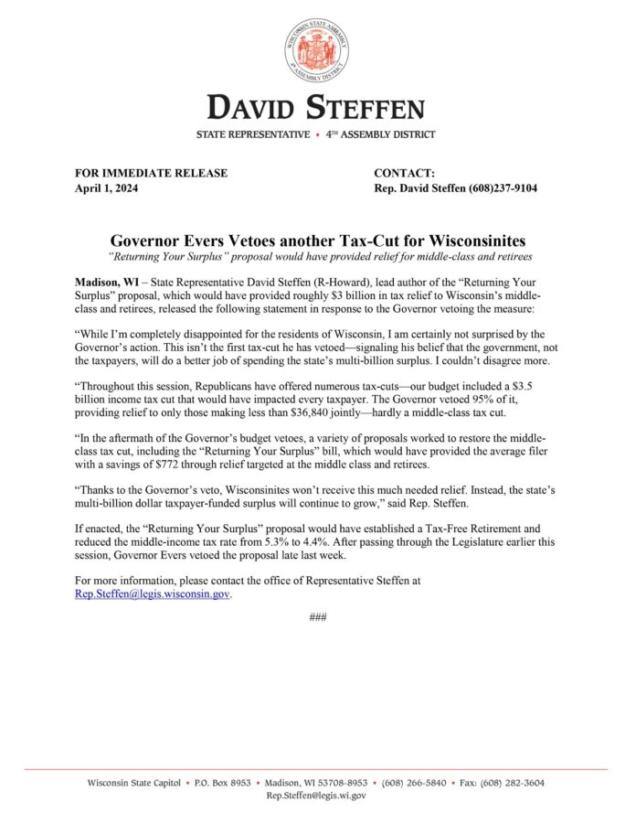 Wisconsin Governor Tony Evers again vetoed what would have been a major tax-cut for Wisconsinites, bringing his record on taxes from bad to worse.