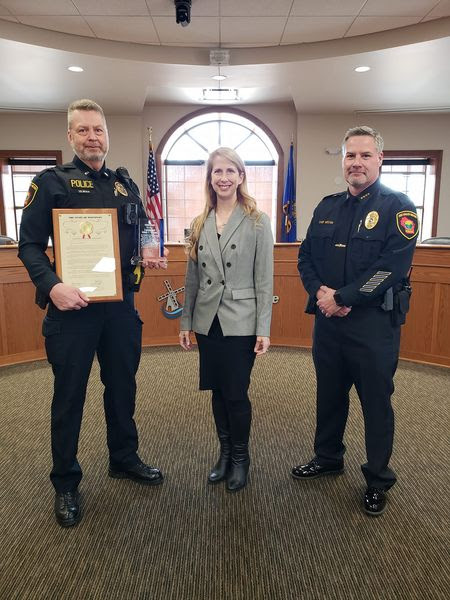 At the Fox Valley Metro Police Department (Left to Right) Lieutenant Mark Ulman, Rep. Goeben, and Chief Daniel Meister