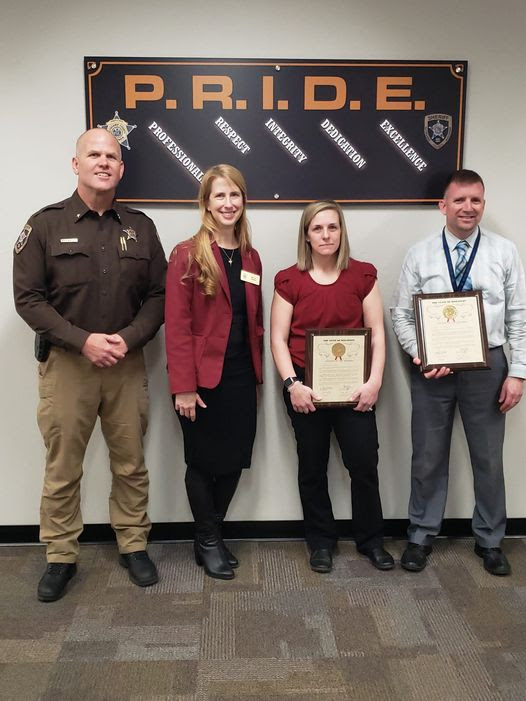 At the Outagamie County Sheriff's Department (Left to Right) Outagamie County Sheriff Kriewaldt, Rep. Goeben, Sergeant Megan Braun, and Sergeant Michael Fitzpatrick.