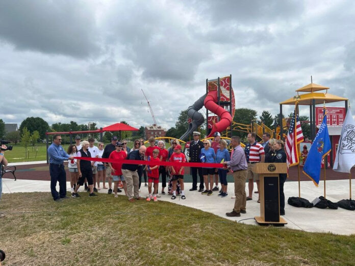 Wisconsin State Sen. Rachael Cabral-Guevara participated in the ribbon-cutting at Lundgaard Park, honoring firefighter Mitch Lundgaard.