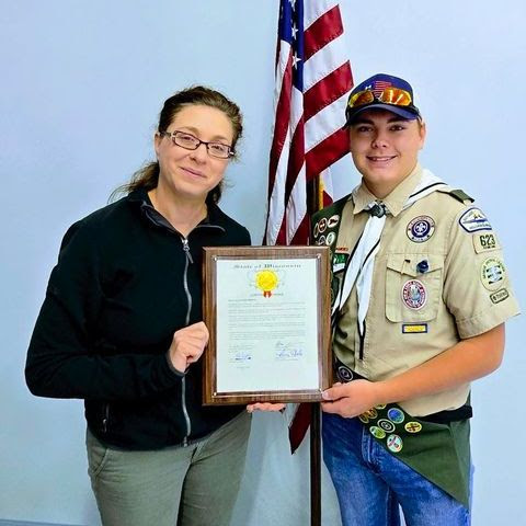 Wisconsin State Sen. Rachael Cabral-Guevara presented Grayson with a citation to celebrate his rank as Eagle Scout.