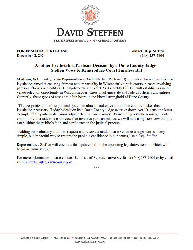 Wisconsin State Rep. David Steffen vows to reintroduce his court fairness bill in the 2025 legislative session.