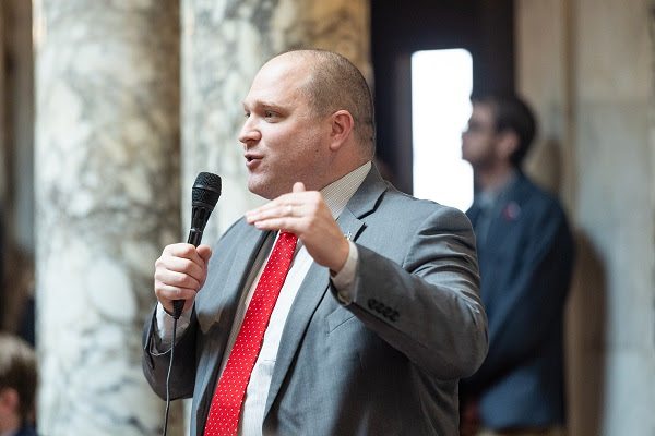 Wisconsin State Rep. Shae Sortwell speaks in the February 19 legislative session, when the legislature passed a comprehensive package of bills aimed at reforming education in Wisconsin. 